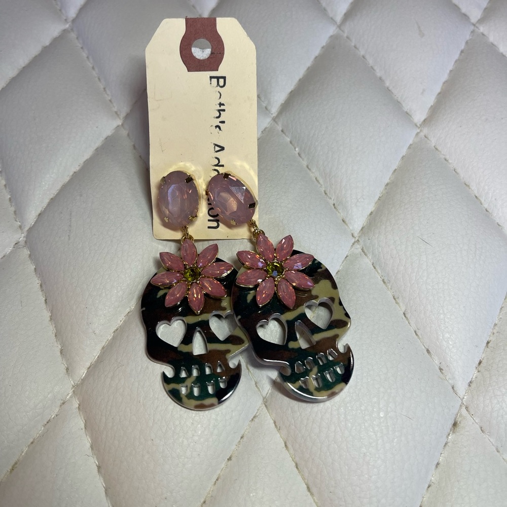 Camo and Pink Crystal Skull Earrings